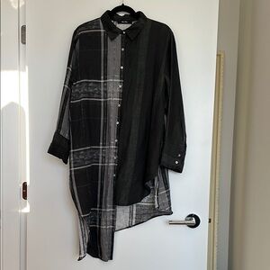 Na•Mu Black and Gray Plaid Linen Blend Asymmetrical Shirt